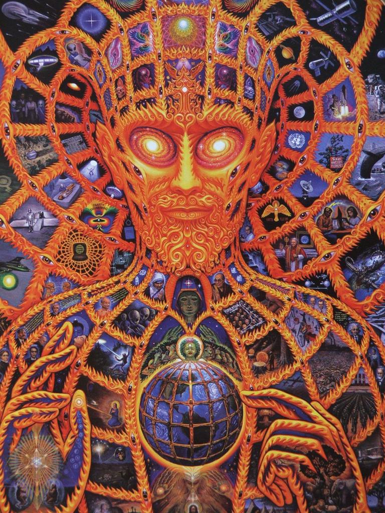 ---Alex Grey’s paintings can be described as a blend of sacred, visionary art and psychedelic art. He is best known for his paintings of glowing anatomical human bodies, images that “x-ray” the multiple layers of reality. His art is a complex integration of body, mind, and spirit.---click image for source...