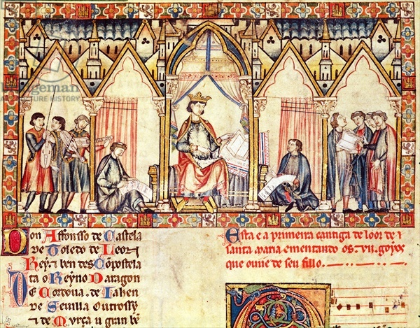 ---The court of Alfonso X (1221-84) 'the Wise', King of Castile and Leon, miniature from the 'Cantigas de Santa Maria' (vellum) creator Spanish School, (13th century)---click image for source...