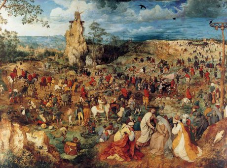 ---Bruegel did one of his large story boards to show how little the individual matters in a broad everyday context. What at first looks like a big picnic scene is the hour preceding the execution of Christ. He is dragging his cross up the hill, but he is hard to find, almost invisible in the crowds. There is a little boy trying to help him. –A little to the right of him you would see a waggon with a man sitting in it looking scared; he is one of the criminals that will be crucified along with Jesus. Can you see a white horse almost in the center of the painting? Just above it is the cross.---click image for source...