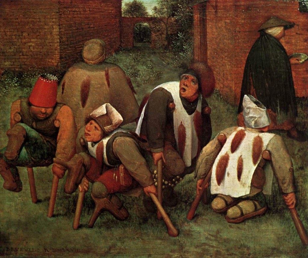 ---the work would be a satirical parody, with the beggars representing the different classes of a society on the road to ruin. The classes are indicated by their headgear: a cardboard crown for the king, a paper coiffe for the army, a beret for the bourgeoisie, a cap for the peasantry, and a bishop's mitre for the church. The painting is also thought to contain an allusion to the political situation of the day and the Beggars' Revolt against the Spanish occupation. In 1566 Calvinist lords tried to rally the minor nobility and the upper ranks of the bourgeoisie to form a sort of national unity, united by the cry "Vive le gueux" (long live the beggar!). It is thought that the foxtail was the symbol they used to show they belonged to the movement. A small yet powerful painting None of the hypotheses put forward to explain the work, however convincing they may appear, have been proven. ...click image for source...