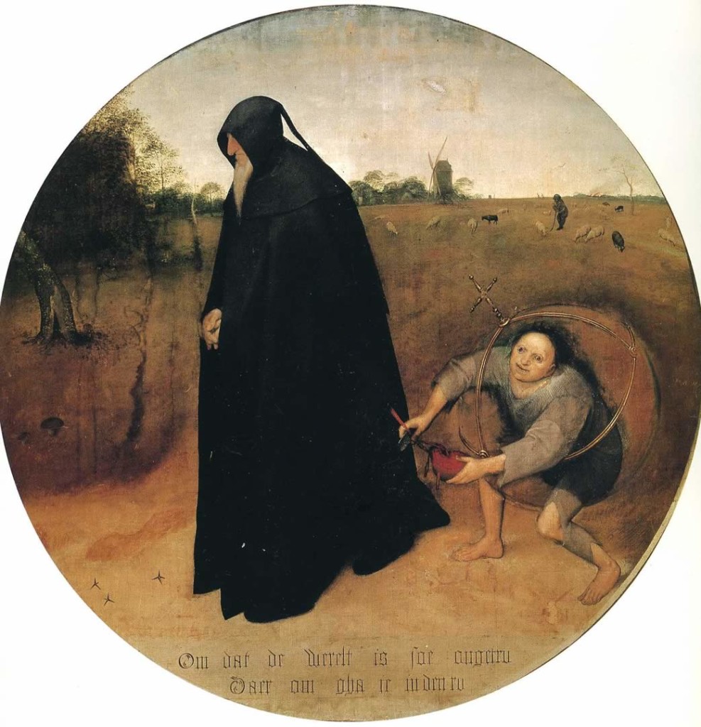 Pieter Bruegel the Elder, The Misanthrope. His last completed work, 1568: More puzzling is the form of the thief in a round glass/soap bubble belted with metal crossed blades with a cross. May be its a possible interpretation of Christianity: Christianity is the religion of suffering, “you must suffer and be devoid of wealth in order to be saved”: as a sarcastic attitude towards the wealthy hypocrite misanthrope who will lose with certainty his wallet by the thief. The sarcastic expression of the thief reinforces this view. On the other hand, another view has been expressed that the glass/soap bubble may indicate the fragility and vulnerability of life and property. click image for source...