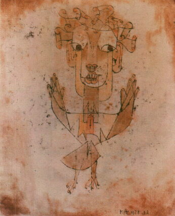 --- A Klee drawing named “Angelus Novus” shows an angel looking as though he is about to move away from something he is fixedly contemplating.  His eyes are staring, his mouth is open, his wings are spread.  This is how one pictures the angel of history.  His face is turned toward the past.  Where we perceive a chain of events, he sees one single catastrophe that keeps piling ruin upon ruin and hurls it in front of his feet.  The angel would like to stay, awaken the dead, and make whole what has been smashed....Walter Benjamin