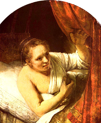 ---Instead his paintings become broader in handling and more intimate in feeling and scale. A perfect example of this is the so-called Hendrickje Stoffels in Bed (see right g.) in the Edinburgh Gallery, where the artist has concentrated on the mood of a woman who has just woken from a deep sleep.---click image for source...