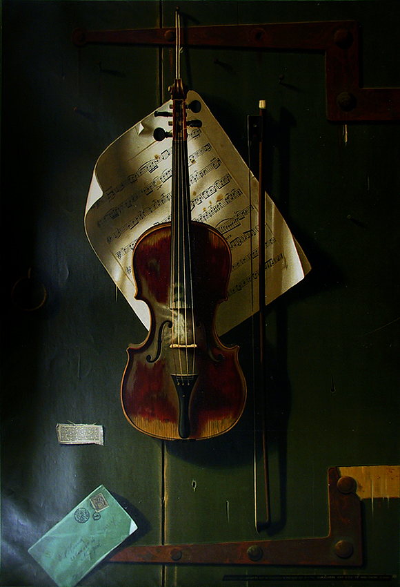 ---The public was fascinated by The Old Violin, the somber trompe l'oeil still life created by William Harnett in 1886. People would reach out to touch the violin or try to grasp the envelope to determine if the objects were real or painted. Thanks to a widely distributed chromolithograph, The Old Violin would become an icon of American art, inspiring a group of illusionist painters—including John F. Peto—to make their own versions.---click image for source...