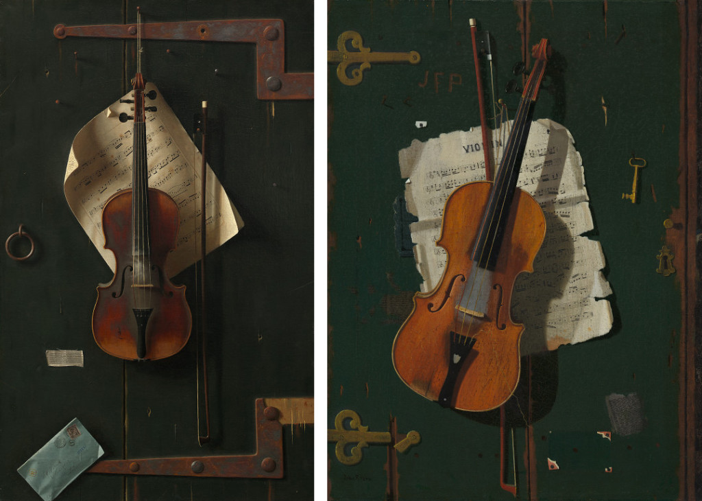 ---Peto's Old Violin, with its broken string and damaged body, hangs at a precarious angle, while Harnett's (in better condition) is squarely suspended on the door. Both paintings speak to the effects of time's passage, the nostalgic associations of music, and the interplay between illusion and reality.