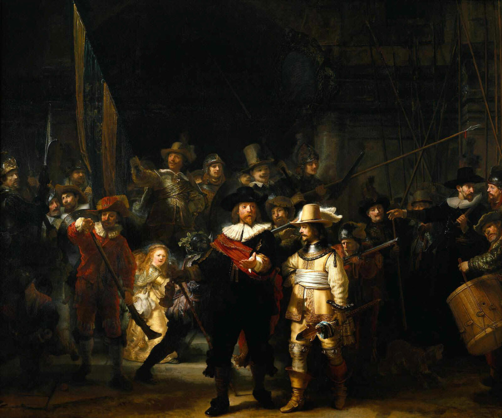 ---How this effect of dynamism can be explained? Rembrandt has represented the exact moment in which the captain of the company has ordered the advance of his men, but this order seems to have not arrived yet to his subordinates. This tension between motion and immobility gives the picture an irresistible magnetism.---click image for source...